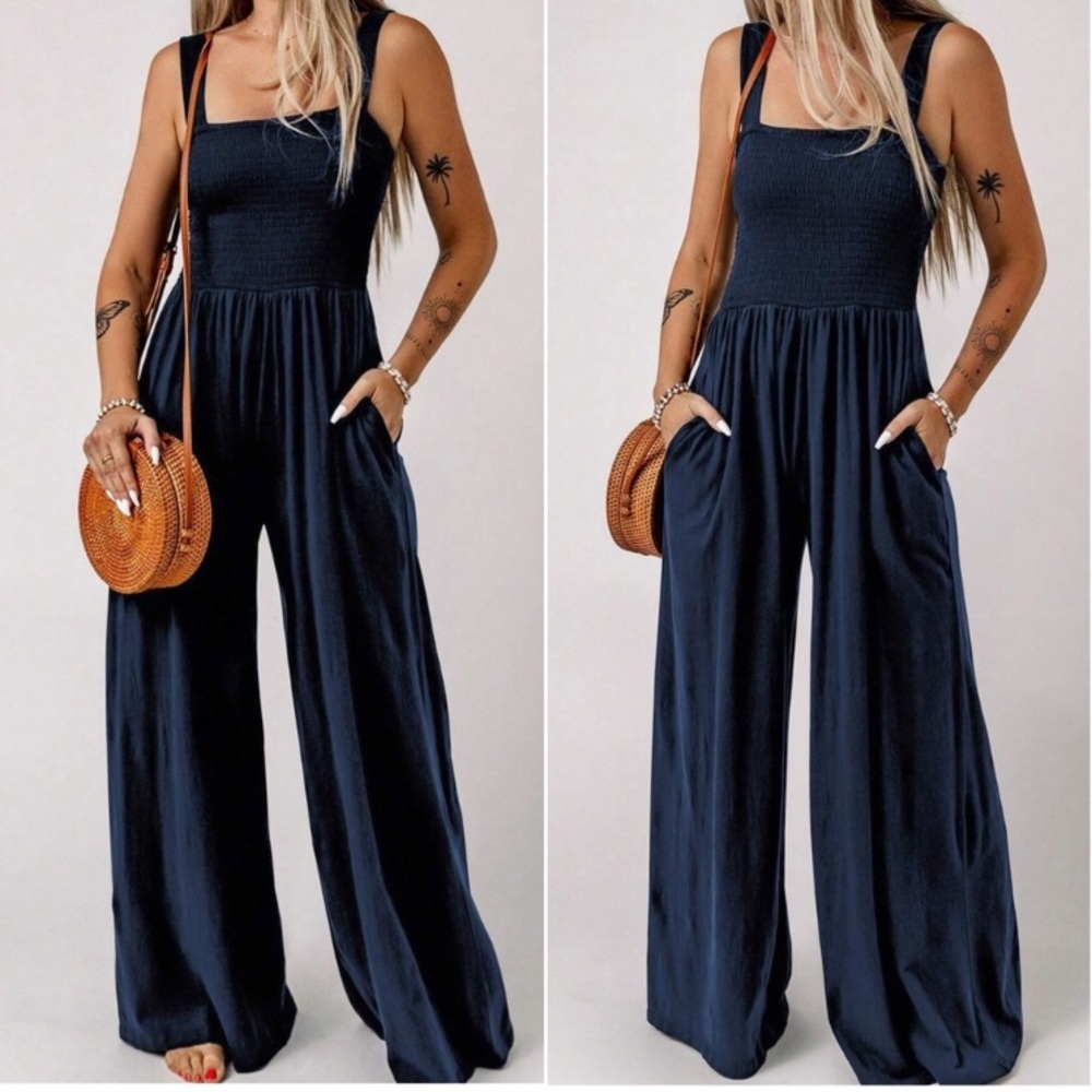 Boho smocked bodice wide leg wide straps cami jumpsuit - Picture 6 of 8